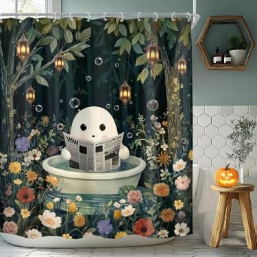 Imagem de LGhtyro Conjunto de cortina de chuveiro infantil de fantasma engraçado 152 cm L x 180 cm altura Halloween crânio flores silvestres jardim encantado floresta mágica acessórios de banho menina arte
