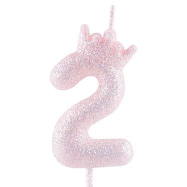 Imagem de Velas de aniversário com coroa roxa com purpurina, número de aniversário roxo claro para decoração de topo de bolo, meninas, casamentos, comemorações, artigos de festa feliz