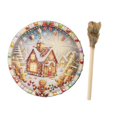 Imagem de YIJU Tambor de Natal Instrumento Musical Tambor com Baqueta Presente de Aniversário Brinquedo de Madeira para Família Amigos Escola Sala de Estar Festa, Padrão de casa