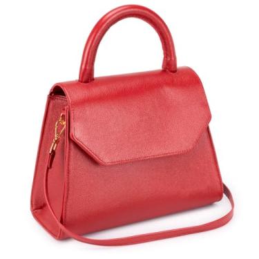 Imagem de Bolsa de Mão Feminina em Couro Legítimo Vermelho, Alça Transversal Removível, Fecho com Botão Dourado, Interior Espaçoso