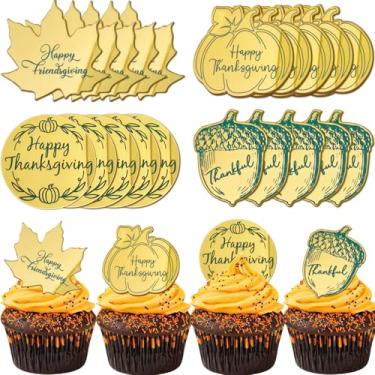 Imagem de 20 peças de topo de cupcake com tema de colheita de outono, enfeite de bolo feliz de ação de graças, acrílico gravado folhas de bordo de outono decorações de bolo de abóbora de peru para colheita de