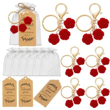 Imagem de Ecation Conjunto de 20 chaveiros de rosa, flores de rosa, conjunto de lembrancinhas de festa, chaveiro com etiquetas Kraft, bolsa de organza para convidados, lembrança, chá de bebê, casamento