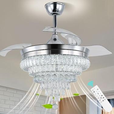Imagem de CLAIRDAI Ventilador de teto de cristal de 106 cm com luz regulável, ventilador de teto com lâmina retrátil, 6 velocidades, 3 mudanças de luz com função de memória de temporizador, ventilador de lustre