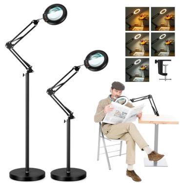 Imagem de Lupa de 10 x com luz e suporte, lâmpada de piso de LED de braço giratório ajustável 3 em 1, 5 modos de cores, brilho, regulação contínua, lupa iluminada, mãos livres com grampo para artesanato