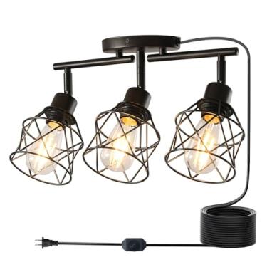 Imagem de vivihobb Kit de iluminação de trilho com plugue preto regulável, 3 luzes de teto com cabo de 40 cm, cabeça de luz giratória flexível, estilo moderno de fazenda industrial (lâmpadas não incluídas)