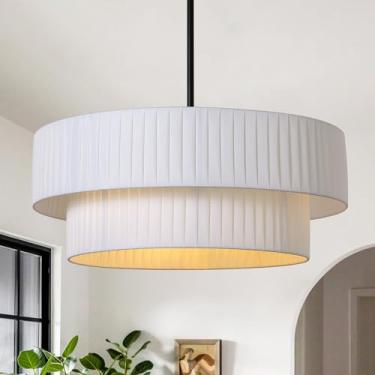 Imagem de LamQee Lustre de tambor moderno de 50,8 cm, luminária pendente de montagem semi-embutida de 2 níveis 3 luzes com abajures de tecido branco, luminária de teto preta fosca para pendurar