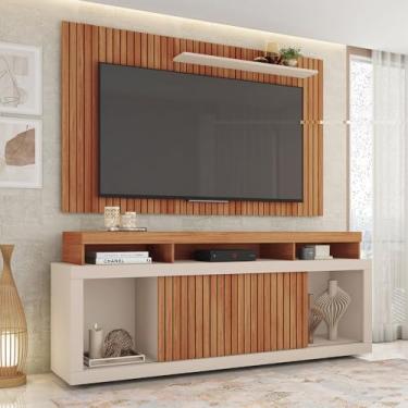 Imagem de Conjunto Painel e Rack Bancada Toquio 180cm MDP Portas de correr Ripado Freijo/OffWhitte G11-Gran Belo