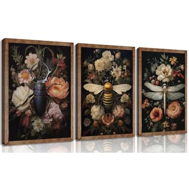 Imagem de 3 peças de arte de parede em tela de inseto gótico, pintura botânica floral escura, abelha, libélula, besouro, fotos, decoração de parede, vintage, planta, escura, pôsteres para quarto, sala de estar