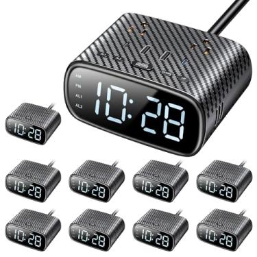 Imagem de Despertador com 10 peças com 2 USB-C, 2 carregadores USB-A, 2 tomadas, 2 tomadas – relógio digital regulável de LED com função soneca – Alarme duplo para mesa de cabeceira