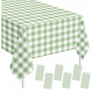 Imagem de SietDESEO Pacote com 6 toalhas de mesa xadrez verde sálvia retangular 137 x 278 cm, toalha de mesa xadrez descartável de plástico para aniversário, chá de bebê, piquenique, festa de casamento