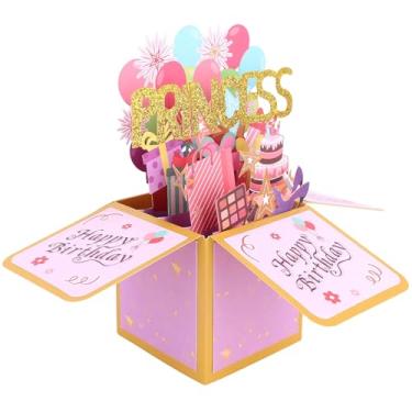 Imagem de Cartão Pop-Up de Feliz Aniversário para Princesa, Balões Coloridos e Fogos de Artifício Cartão Aniversário 3D com Envelope Caixa Presente Pop-Up Criativa para Filhas Irmãs Amigas