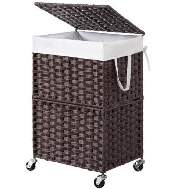 Imagem de Cesto de roupa suja Chrislley 90L com rodas e tampa Rattan Brown