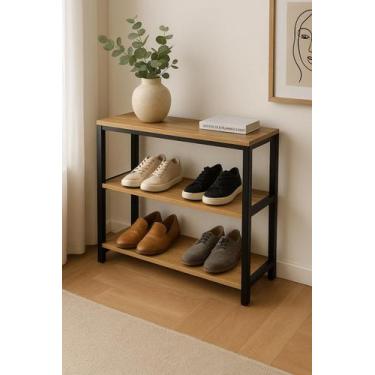 Imagem de Mesa de Cabeceira Industrial Rack Aparador Aço e Madeira Lamina Mel - 