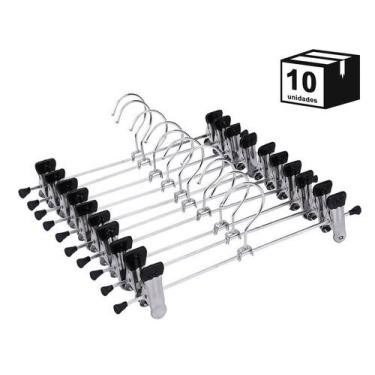 Imagem de Kit 10 Cabides Cromado Com Presilhas-Calças, Saia ou Bermuda - Ikaza