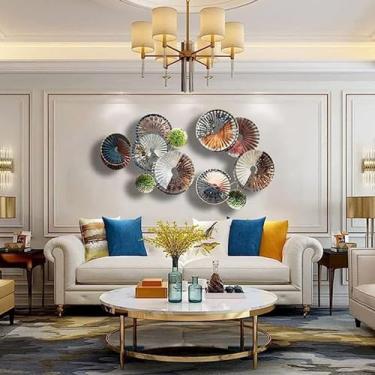 Imagem de RIAAJ Arte de parede de metal moderna decoração de parede circular de metal forjado, decoração de arte 3D feita à mão para sala de estar, quarto, sala de jantar, escultura, 95 cm x 50 cm