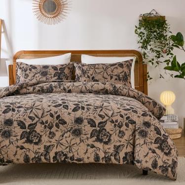 Imagem de Merryword Conjunto de edredom Queen reversível 100% algodão - Conjunto de edredom floral vintage marrom com flor e borboleta, 3 peças, marrom macio para todas as estações