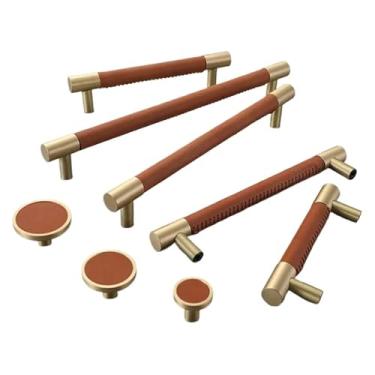 Imagem de Puxadores de porta de armário de couro de vaca de latão para móveis gaveta de guarda-roupa simples porta de armário de vinho 2 peças (marrom claro 192 mm)