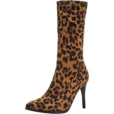 Imagem de Botas femininas botas tricô leopardo sapatos feminino tornozelo meia, Amarelo, 6.5