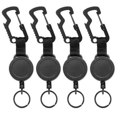 Imagem de MNGARISTA Pacote com 4 chaveiros retráteis, porta-crachás de mosquetão multiferramentas, retração de 227 g, carretel de crachá resistente, chaveiro retrátil com chaveiro de cabo de aço, preto