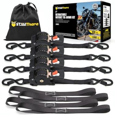 Imagem de Stay There Correias de catraca retráteis (pacote com 4) - 2,5 cm x 3,5 m (resistência à ruptura de 816,5 kg) - Tiras de amarração autoretráteis resistentes para caminhão, reboque de carga, motocicleta