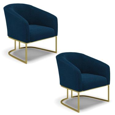 Imagem de Cadeira Sala De Jantar Base Industrial Dourada Kit 2 Stella Bouclê D03 - D'rossi Cor Azul