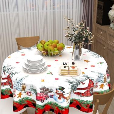 Imagem de Toalha de mesa redonda Merry Christmas, boneco de neve, 152 cm, lavável, preto, vermelho, buffalo, xadrez, floco de neve, capa de mesa de Natal para cozinha, sala de jantar, festa, decoração interna e