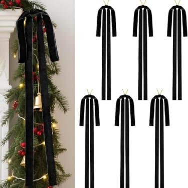 Imagem de 6 peças de laços de veludo preto de Natal 59 x 39 cm, laço rústico grande de veludo para escadas de Natal, laço de fita para topo de árvore vintage pré-amarrado para decoração de casa, guirlanda de