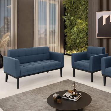 Imagem de Conjunto Poltrona E Namoradeira Decorativa Pés Fixo Em Madeira Preto Suede Azul Marinho