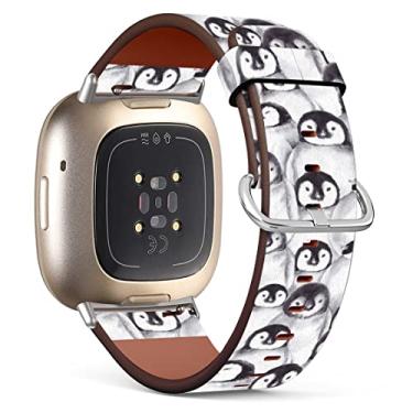 Imagem de Mingdao Pulseira de substituição de couro compatível com Fitbit Sense 2/Sense/Versa 4/Versa 3 (estampa de pinguins bebês)