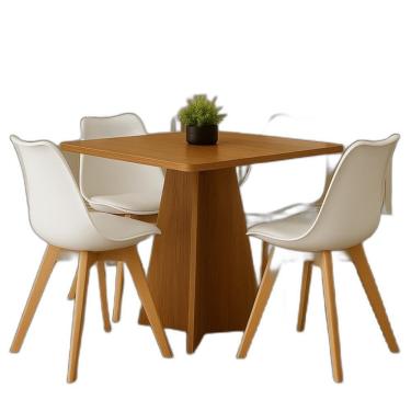 Imagem de Conjunto De Jantar Sofisticado – Mesa Quadrada Em Madeira + 4 Cadeiras Brancas Com Pés Em Madeira