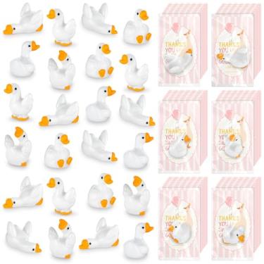 Imagem de HIYZI 48 conjuntos de lembrancinhas de festa de ganso minúsculas estatuetas de gansos de resina branca com cartões rosa presente para convidada menina menino primeiro aniversário chá de bebê casamento