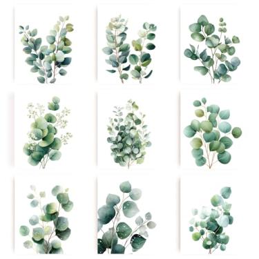 Imagem de INFUNLY 9 conjuntos de folhas de eucalipto arte de parede em tela botânica impressões de parede sem moldura verde moderno pôsteres imagens verde eucalipto impressão planta pôster adesivo para quarto