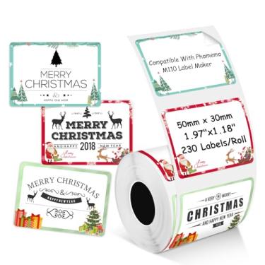 Imagem de Etiquetas térmicas de Natal compatíveis com impressora de etiquetas Phomemo M100/M110/M150/M221/M220/M120/M200/M250, 50 x 30 mm, 230 etiquetas/rolo, preto no padrão de Natal