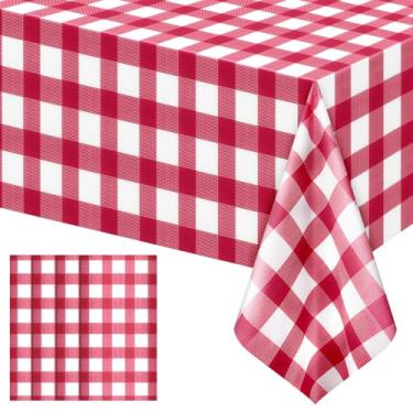 Imagem de Pacote com 4 toalhas de mesa vermelhas listradas, capas de mesa retangulares de plástico descartáveis, 137 x 272 cm, toalhas de mesa xadrez vermelhas e brancas à prova d'água para piquenique
