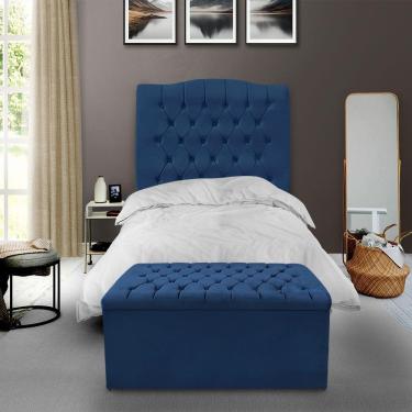 Imagem de Kit Cabeceira E Calçadeira Baú Dunas Solteiro 90 Cm - Veludo Azul