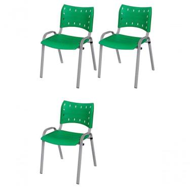 Imagem de Cadeira Iso Base Cinza, Igreja, Escola, Escritório - Verde Kit 3 Peças