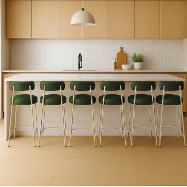 Imagem de Banqueta Cozinha Média com Encosto Industrial Champanhe Kit 6 Londres PU Verde D03 - D'Rossi