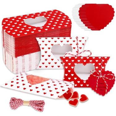 Imagem de FYSUIMU 50 caixas de presente de dia dos namorados com etiqueta de presente de algodão corda de papel, caixa de travesseiro de coração vermelho e branco com janela de PVC em forma de coração para