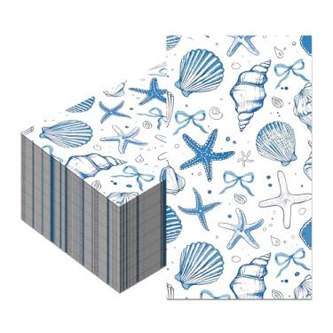 Imagem de Guardanapos de 40 peças para convidados do oceano, guardanapos de papel descartáveis de estrela do mar com laço azul, guardanapo de toalha de mão de jantar de praia costeira de 11,5 x 20 cm para
