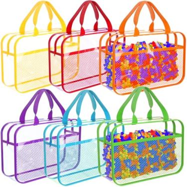 Imagem de 6 pacotes de 6 cores grandes sacos de armazenamento de brinquedos, armazenamento de jogos de tabuleiro de PVC transparente reutilizável, organizadores de brinquedos e bolsas de armazenamento com zíper