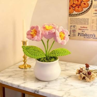 Imagem de Flores de crochê, lindas flores em vaso, acessórios de mesa de flores falsas, decoração de mesa, decoração de escritório em casa (Rosa)