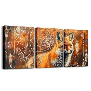 Imagem de jejeloiu Arte de parede em tela de raposa de 3 peças para sala de estar, quarto, apanhador de sonhos, arte de parede para decoração de casa, tema animal, decoração de escritório, arte preta e laranja