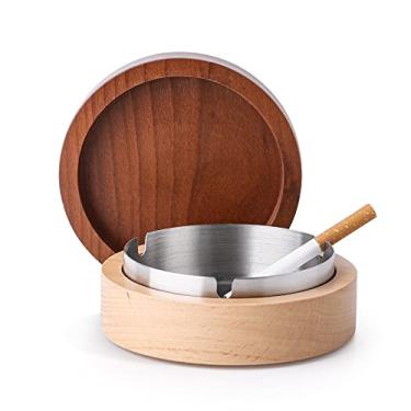 Imagem de Cinzeiro à prova de vento com tampa - Cinzeiro grande de madeira com forro de aço inoxidável para uso externo e interno, cinzeiro elegante para casa e escritório