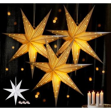 Imagem de Pacote com 3 lanternas de estrela de papel com cordão de luzes de fadas (90LED/4,5 m/3 peças), decoração de pendurar estrela oca iluminada ou decoração de janela de casa de aniversário de casamento