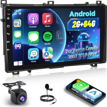 Imagem de Estéreo automotivo 2G + 64G para Toyota Corolla 2017 2018 2019 com Carplay e Android Auto - Rádio com tela sensível ao toque Android 13 com EQ/WiFi/GPS/FM RDS/Mirror Link/SWC + câmera de backup AHD