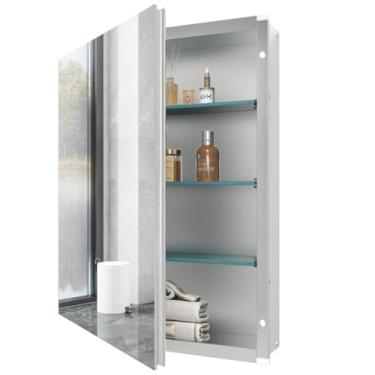 Imagem de HESONTH Espelho de armário de remédios de 51 x 66 cm com armazenamento, suporte de superfície de alumínio ou armário de remédios embutido com prateleiras ajustáveis para banheiro e quarto