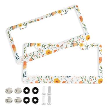 Imagem de SEHANY Molduras de placa de licença de flores florais coloridas, capas de moldura de placa de carro de alumínio à prova de ferrugem com orifícios elípticos e parafusos serve para veículos padrão dos