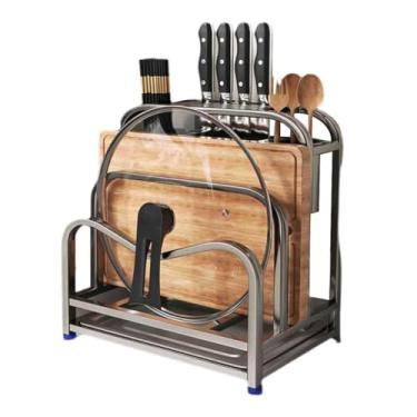 Imagem de HGTRH Escorredor de louça multifuncional, rack de armazenamento de cozinha de bancada com bandeja de drenagem removível, tábua de cortar panela e organizador de tampa de panela de aço inoxidável