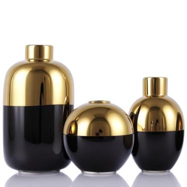 Imagem de Conjunto de 3 vasos de cerâmica, vasos decorativos modernos para decoração de casa, centro de mesa de luxo (preto dourado)