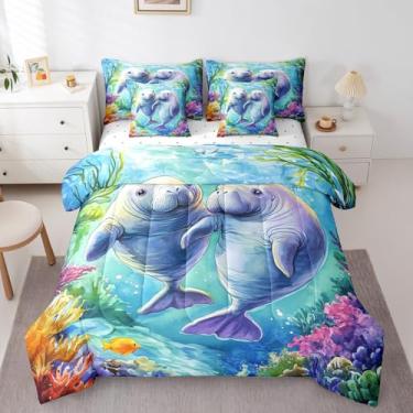 Imagem de Feelyou Jogo de cama Queen com estampa de peixe-boi, animais do oceano, peixes, meninas, criaturas marinhas, vida marinha em uma bolsa com edredom, lençóis, fronhas e capa de almofada